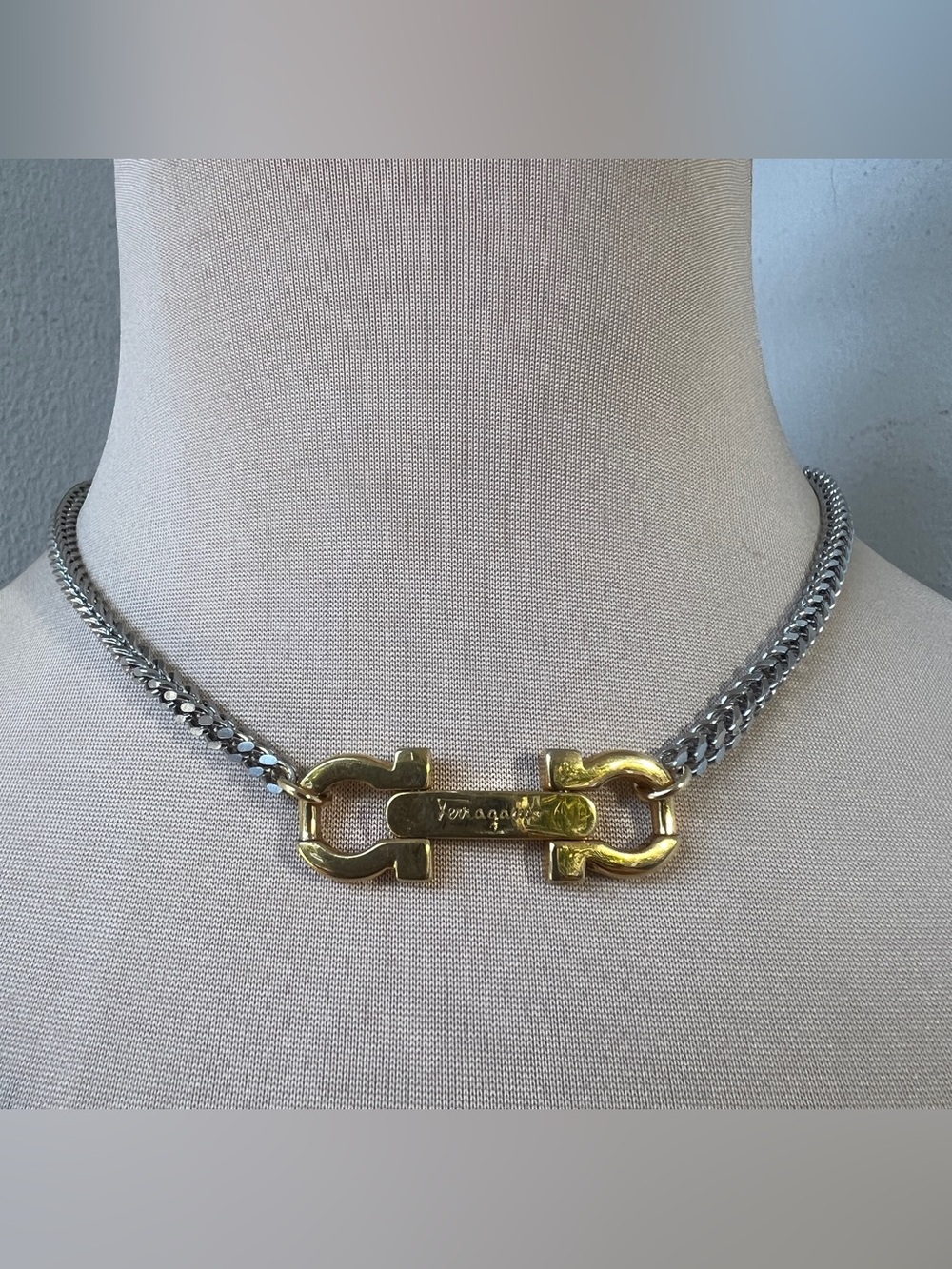 Custom Vintage Salvatore Ferragamo Two-tone Necklace 15-16.5โ - Picture 6 of 11